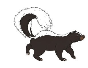 Illustration of a striped skunk walking with raised tail, isolated on white background