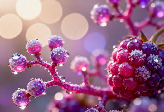 Macro close-up of vibrant pink and purple frosted winter berries (like blackberries) covered in ice crystals and sparkling water droplets with a soft, warm bokeh background - Powered by Adobe