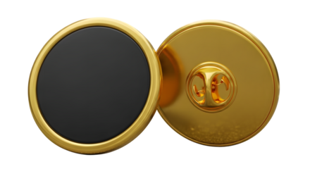 Gold and black round lapel pin, front and back view