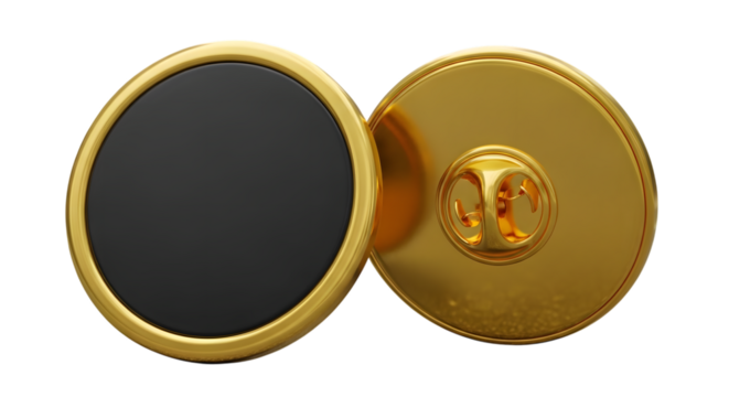 Gold and black round lapel pin, front and back view