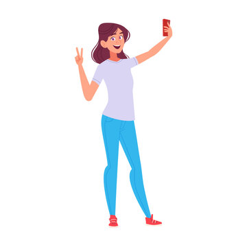 Happy Young Woman Taking Selfie with Smartphone Shows Peace Sign