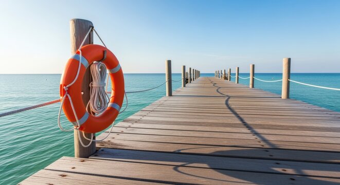 Serene Coastal Wooden Pier Scene with Orange Lifebuoy for Safety