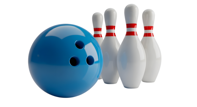 A blue bowling ball and four white pins isolated on a transparent background, ready for a game of tenpin bowling