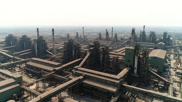 Aerial View of a Large Industrial Plant with Multiple Smokestacks and Complex Infrastructure.
