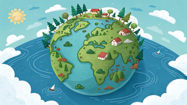 A vibrant cartoon illustration of planet earth, adorned with lush green landscapes, charming houses, and sparkling blue oceans, all under a cheerful sun and fluffy clouds - Powered by Adobe