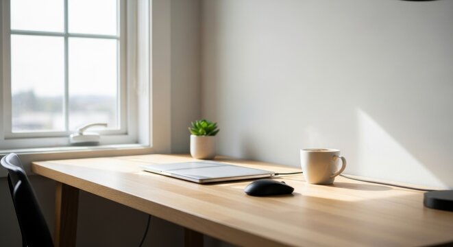 Minimalistic workspace with natural light highlighting a simple wooden desk setup with a potted