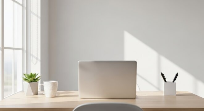 Minimalist modern workspace setup with a sleek laptop and natural sunlight illumination in a