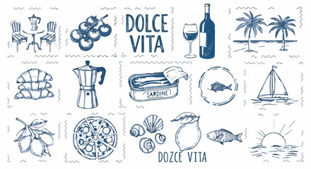 Hand-drawn vector icons set of Italian food, travel, and Mediterranean lifestyle elements