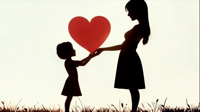 Mother and Child Silhouette: Red Heart of Unconditional Love