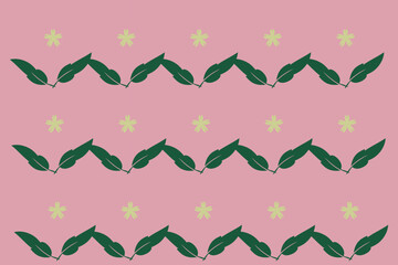 Delicate green leaves and small flowers pattern on pink background