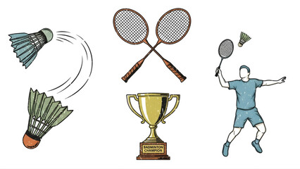 Dynamic Hand-Drawn Badminton Sport Illustration Set with Player, Rackets, Shuttlecocks, and Trophy, Capturing Athletic Competition and Achievement