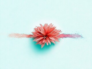 A single coral-colored dahlia flower is centered on a light blue textured background, with a soft trail of pink powder extending horizontally from its petals.