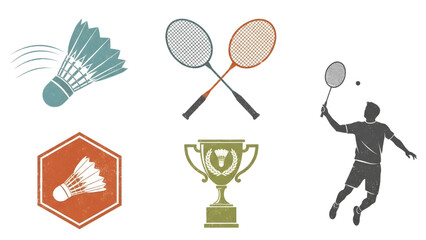 Engaging collection of badminton sport concept illustrations, featuring dynamic shuttlecocks, crossed rackets, an athletic player in action, and a symbolic championship trophy