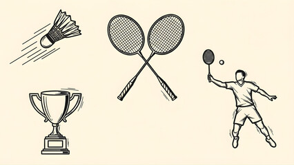 Badminton icons illustration set, featuring shuttlecock, rackets, trophy, and player in action
