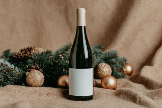 A bottle of wine is on a table with a Christmas tree and ornaments