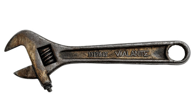 Vintage wrench with branding engraved on handle background isolated on a Transparent background, PNG file.