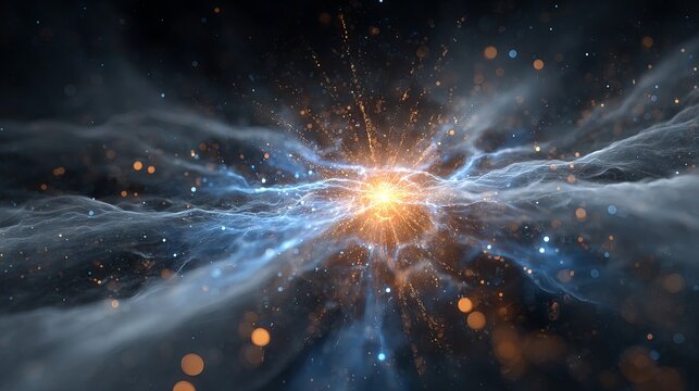Abstract cosmic energy explosion with glowing blue and orange particles in dark space background futuristic sci fi plasma burst fantasy light effect