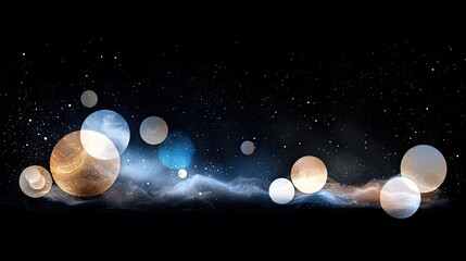 A collection of luminous, circular celestial bodies and wispy nebulae are depicted against a dark, star-filled expanse.