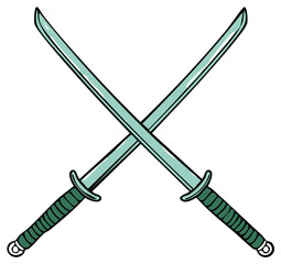 Obraz premium Two crossed samurai swords with green wrapped handles and teal blades in a stylized illustration