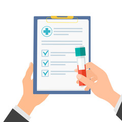 Medical checklist with blood test results and patient medical information. Hand holding vial near list with analysis results