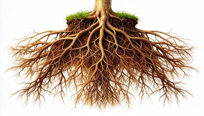 Detailed tree roots with soil and grass isolated on white background, showing growth, strength, and connection to nature