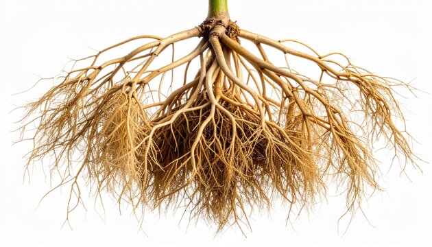 Detailed view of plant roots on a white background, showcasing intricate root system for botany and growth concepts