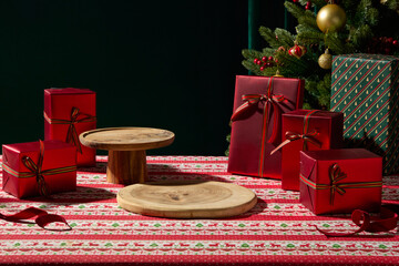 A minimal tabletop scene with plates, red gifts, and green presents arranged neatly for holiday dining. The elegant setup suits Christmas menus, posters, and ads.