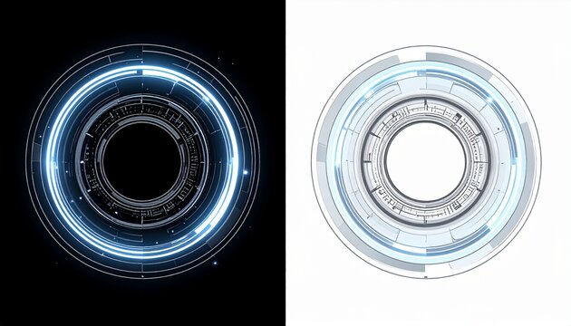 Futuristic HUD element with glowing blue circles on black and white backgrounds, technology interface design, digital display, sci-fi concept
