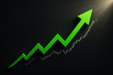 Optimistic green arrow showing sharp upward trend on dark finance background. graph symbolizes recovery, prosperity, and hopeful business success theme with bright light ray