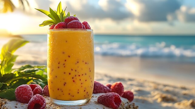 Tropical fruit smoothie with raspberries on beach at sunset high resolution image
