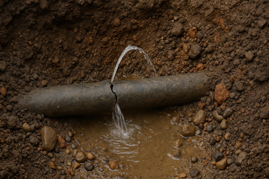 Cracked underground water pipe with soil excavation exposure. Damage detail reveals plumbing leak creating maintenance risk, an environmental problem, and an infrastructure repair concept