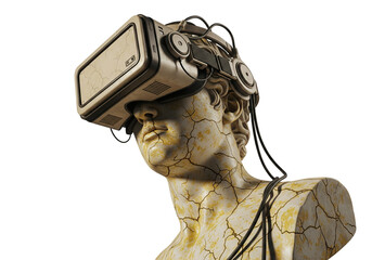 Ancient statue wearing modern virtual reality headset on black background