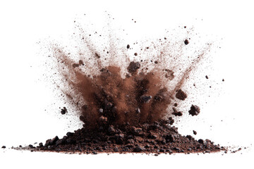 A cloud of dark soil, gravel, and dust expands outward from a center, in explosive detail
