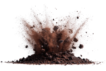 A cloud of dark soil, gravel, and dust expands outward from a center, in explosive detail