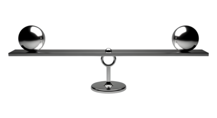 A balanced scale with two metallic spheres on each side