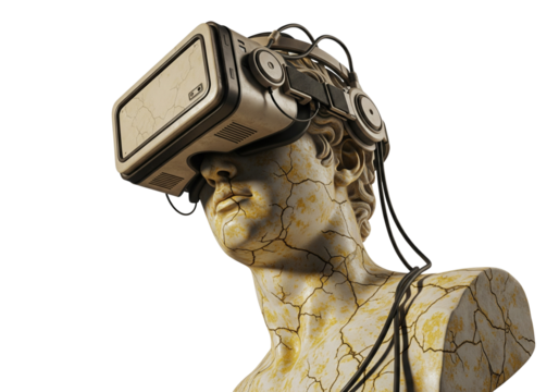 Ancient statue wearing modern virtual reality headset on black background