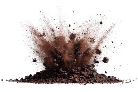 A cloud of dark soil, gravel, and dust expands outward from a center, in explosive detail