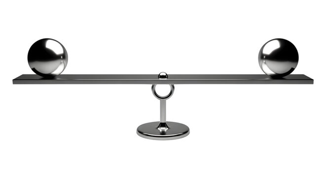 A balanced scale with two metallic spheres on each side