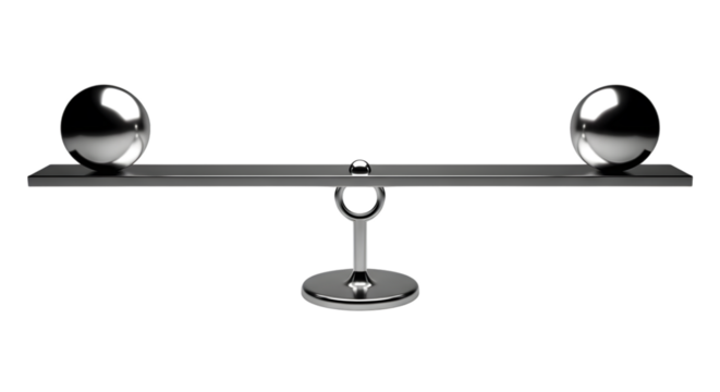 A balanced scale with two metallic spheres on each side