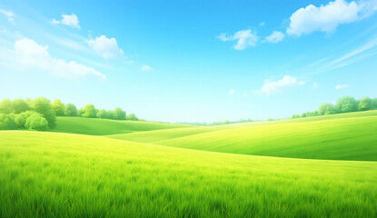 Fototapeta premium A serene and vibrant landscape featuring wide, open green fields with smooth, rolling hills stretching into the distance.