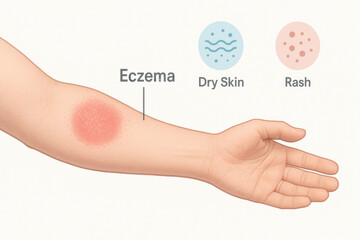 Dermatology medical illustration of human arm with eczema, rash, and dry skin. health concept showing an allergy symptom for educational and patient awareness about condition