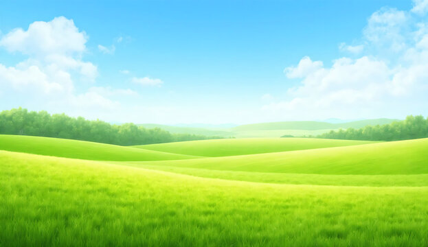 A serene and vibrant landscape featuring wide, open green fields with smooth, rolling hills stretching into the distance.