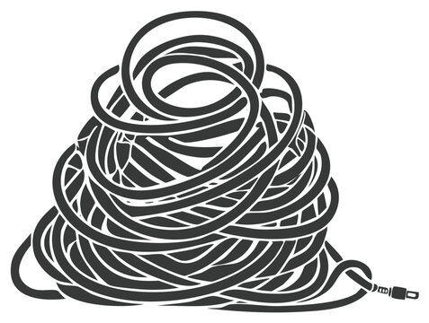 A messy, tangled knot of a black computer data cable illustrates clutter and disorganization