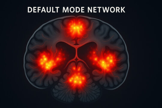 Glowing heat map brain scan with default mode network activation. scientific illustration of neural activity for neuroscience research, concept of mind and human consciousness