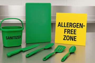 Green sanitizer bucket with cleaning supplies and allergen free zone safety sign for workplace hygiene and health protection environment