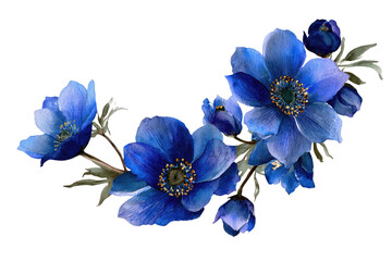 Watercolor illustration of vibrant blue flowers, delicate leaves on a dark background