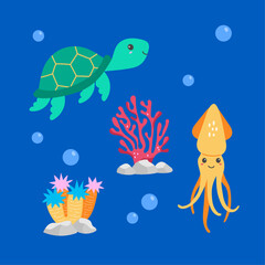 Hand drawn cute sea animals elements set