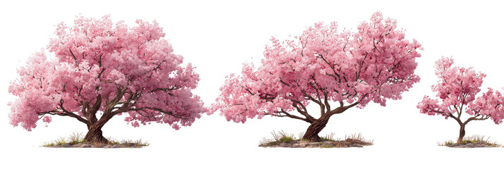 Three trees with pink blossoms stand on a small patch of ground against a stark black background