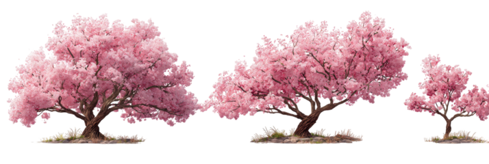 Three trees with pink blossoms stand on a small patch of ground against a stark black background