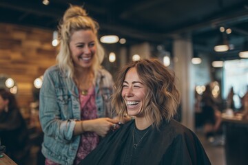 A pretty woman is getting her hair cut by professional stylist hairdresser , smiling and laughing in the beauty salon